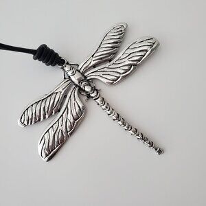 Bold Rustic Silver Dragonfly Pendant Necklace Long Leather Cord Flexible Tail